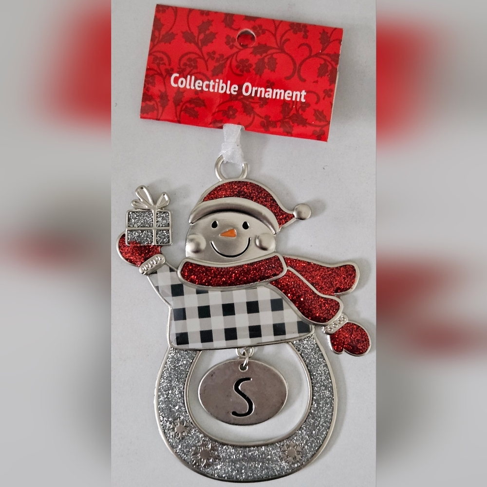 Snowman Monogram Glittery Metal 3.5" Christmas Ornament Letter S - NWT